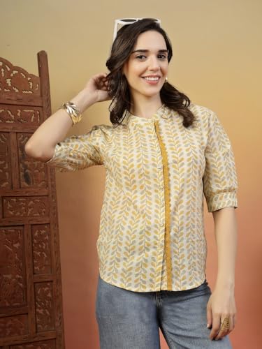 Image of Women's Black Printed Cotton Kurti Top | Stylish Ethnic Wear Kurta for Office, Casual 3 /4 Sleeve Button Front Tunic