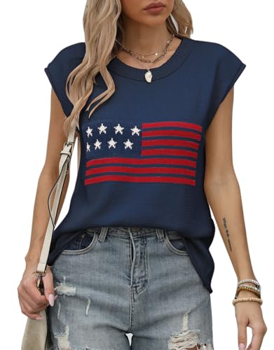 Image of Women's American Flag Lightweight Knit Crewneck Cap Sleeve Sweater Vest Top