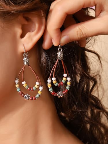 MINACHI Statement Boho Drop Earrings with Silver Floral Charm and Colorful Beads, Handmade Leather Loop Earrings for Women2