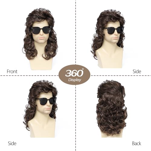 Image of 70s /80s Brown Mullet Wig, Unisex Retro Curly Mullet Wig for Halloween, Cosplay, 80s Themed Parties Costumes (Medium Brown)