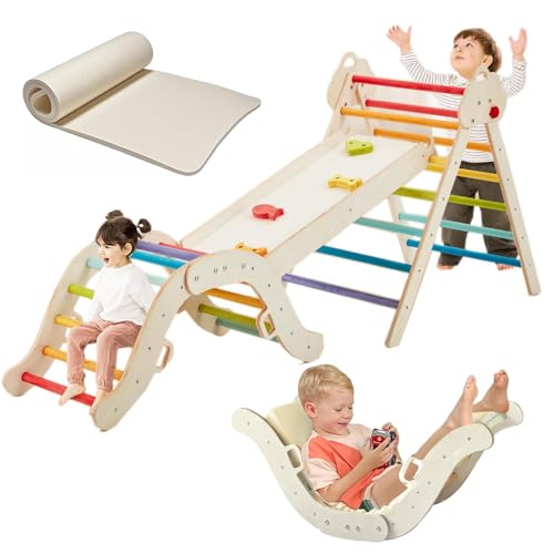 5 in 1 Kinder Klettergerüst Set, Regenbogen-Klettergerüst mit Kissen, stabiles faltbares Kletterdreieck mit doppelseitiger Rutsche, Kletterbogen für Kinder 1-5 Jahre
