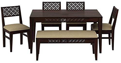 Image of Wooden Sheesham Wood Dining Table 6 Seater | with 4 Chairs 1 Bench | Walnut