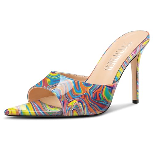 Image of TNYNFBEB Womens Stiletto High Peep Open Pointed Toe Sandals Mules Shoes Slip-on Slingback Office Party Dress Patent Leather Summer 3.9 Inches Heels
