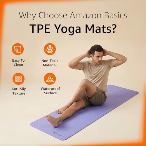 Image of Amazon Basics TPE Yoga & Exercise Mat | 6 mm Thick | Non-Slip Grippy Surface | Lightweight & Durable Rubber-Like Material | Floor Protection | Ideal for Yoga, Pilates, Stretching & Fitness | 180 x 61 cm | Purple