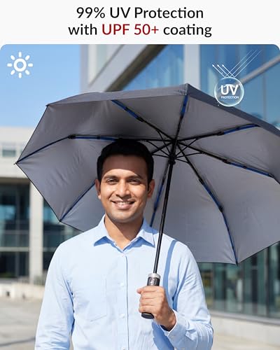 Image of Destinio Umbrella for Man - Large Size, Fully Automatic, Windproof Fibreglass Ribs, UPF 50+ Sun Protection, Premium 210T Pongee, Foldable Travel Umbrella for Rain for Men and Women - 3 fold Compact Easy to Carry (Auto open auto close)