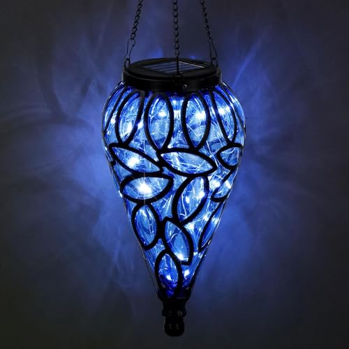 Taylor & Brown Solar Hanging Lantern - Decorative Handblown Plastic Teardrop Hanging Lantern Light with 15 LED Lights for Outdoor, Garden, Patio, Yard, Pathway (Blue)
