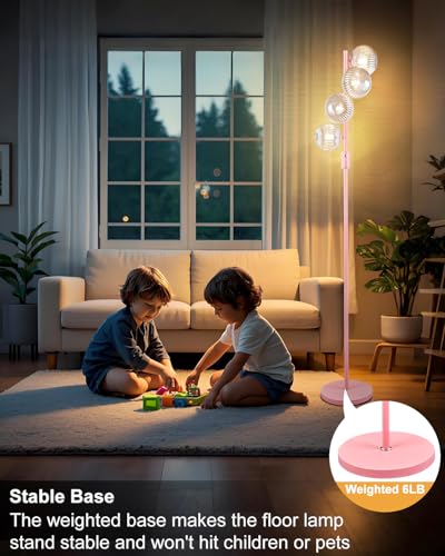 Image of Lightdot 64IN Dimmable Floor Lamp with Globe Clear Glass Shade, Modern Pink Standing Lamps with 4PCS 3000K Bulbs Included,LED Floor Lamp with 5Lbs Heavy Base for Living Room Bedroom / /Sofa Beside