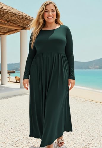 Image of Nemidor Plus Size Maxi Dress for Curvy Women Fall Casual Loose Long Sleeve Dresses with Pocket 14-26