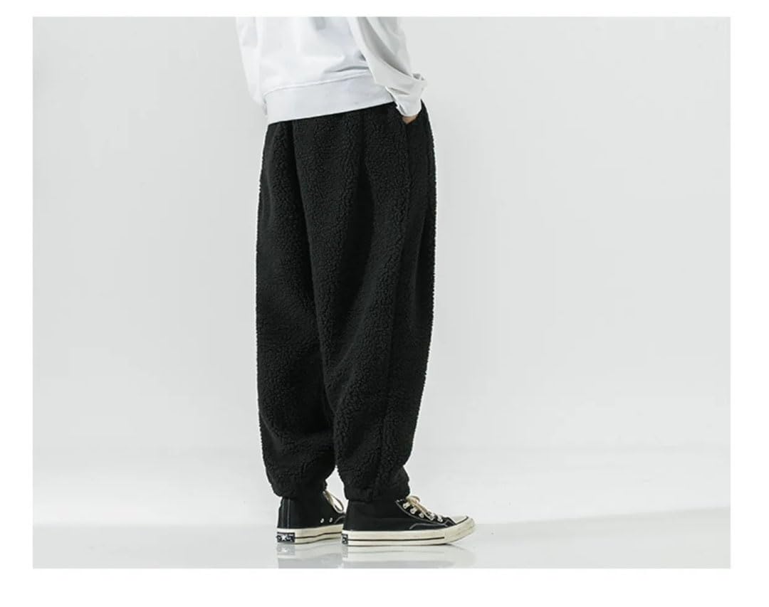 Męskie zimowe pogrubione spodnie ciepłe retro grube spodnie z wełny jagnięcej męskie streetwear hip-hop luźne proste spodnie spodnie