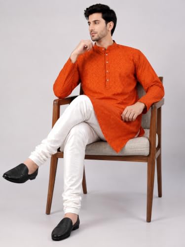 Image of LATEST CHIKAN Men's Silk Chikankari Kurta with Cream Churidar | Festive Set - KP Silk BANARSI