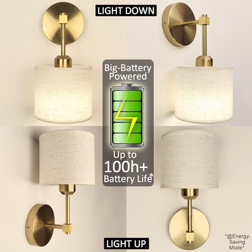 Image of Peel and Stick on Fabric Gold Wall Sconces Battery Operated Set of 2 with Remote, Cordless Battery Wall Lights with Fabric Shade for Bedroom Living Room Bathroom (2 Pack, Gold)
