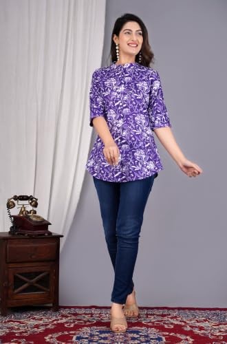 Image of Women's Rayon Floral Printed Short Kurti | Regular Fit | Mandarin Collar | Casual Wear for Office, College