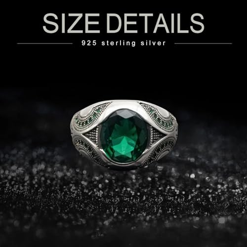 2CT Silver Emerald Ring for Men S925 Sterling Silver Oxidized Handmade Turkish Men's Ring Customized Name Green Gemstone Ring for Men Husband Engagement Wedding Size 4-163