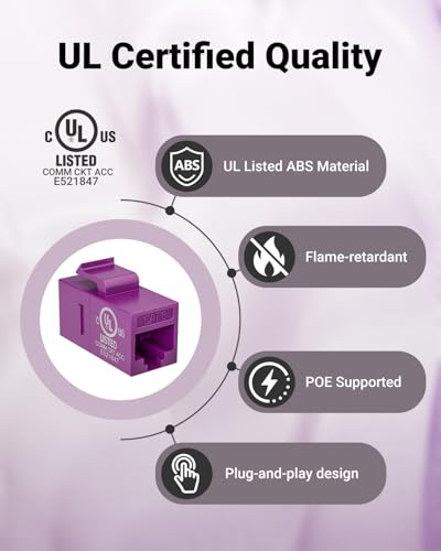 VCE UL-Listed CAT6 Keystone Coupler 25-Pack, Ethernet Coupler Female to Female, RJ45 Coupler for CAT6/CAT5e/CAT5, Keystone Jack, Purple