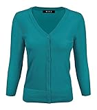 YEMAK Women's Knit Cardigan Sweater – 3/4 Sleeve V-Neck Basic Classic Casual Button Down Soft Lightweight Knitted Top CO078-Teal-M