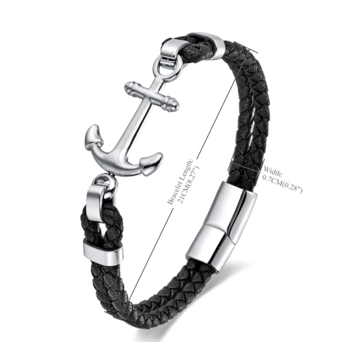 Mens Nautical Anchor Bracelet, Black Braided Leather with Silver Stainless Steel Anchor Sailor Bracelet for Men, Classic and Elegant Style3