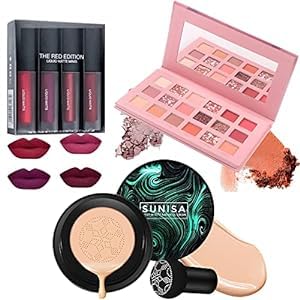 SUNISA BB and CC Cream Foundation With Mushroom Head Air Cushion 20g And Nude Edition Eyeshadow Palatte 18 Multicolor shades +Matte Red Edition Pack Of 4 Lipstick For women