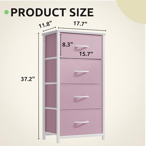 GOOBED Storage Drawer with 4 Drawers - Fabric Dressers, Dresser for Room, Living Room, Closets - Sturdy Steel Frame, Wooden Top & Easy Pull Fabric Bins, Pink