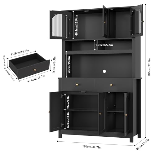 FINETONES-72-Kitchen-Pantry-Storage-Cabinet-Kitchen-Hutch-Food-Pantry-Cabinet-with-Microwave-Stand-Kitchen-Pantry-Hunch-Cabinet-with-Storage-and-Adjustable-Shelf-for-Kitchen-Dining-Room-Black FINETONES 72 Kitchen Pantry Storage Cabinet Kitchen Hutch Food Pantry Cabinet with Microwave Stand Kitchen Pantry Hunch Cabinet with Storage and Adjustable Shelf for Kitchen Dining Room Black