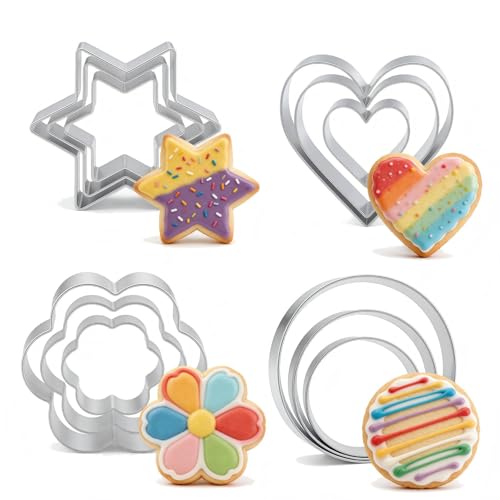 12Pcs Cookie Cutters Baking Set Heart Flower Round Star Shape Biscuit Cutter Stainless Steel Molds Cookie Cutters for Kitchen Baking Birthday Christmas Valentines Day Party Supplies