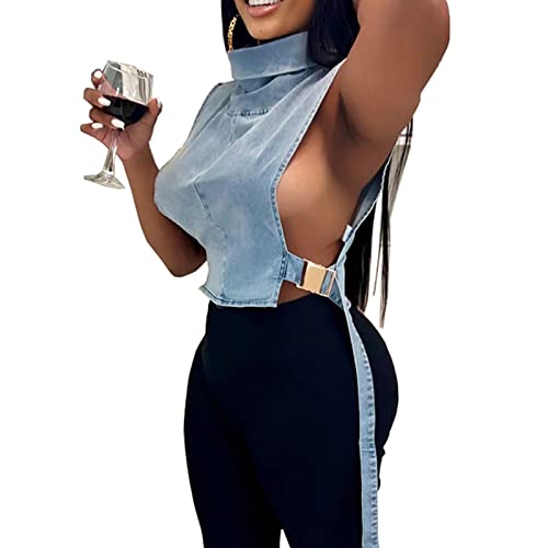 Women Denim Cropped Jacket Summer Fashion Sleeveless Vest Casual Lace-Up Jean Jacket with Buckles Outdoor Clothes2