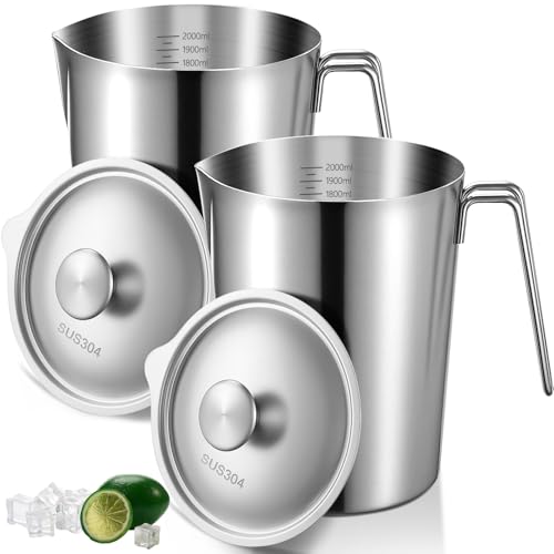 2 Pcs Stainless Steel Pitcher with Lid, 2 L/70 oz Large Metal Measuring Cup, Large Mouth Graduated Beakers with Handle, Milk Frothing Jug for Espresso Machines, Latte Art, Iced Tea, Hot/cold Water