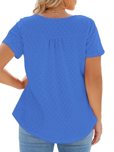 Image of VISLILY Womens-Plus-Size-Summer-Tops Buttons Up Henley Shirts Flowy Pleated Tunics Trendy Eyelet Short Sleeve Blouses