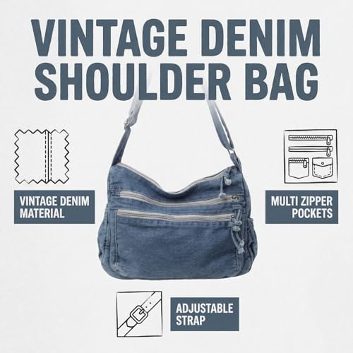 Image of Denim Shoulder Bag Canvas Messenger Bag for Women Men Tote Bag Casual Retro Aesthetic Crossbody Bag Handbag