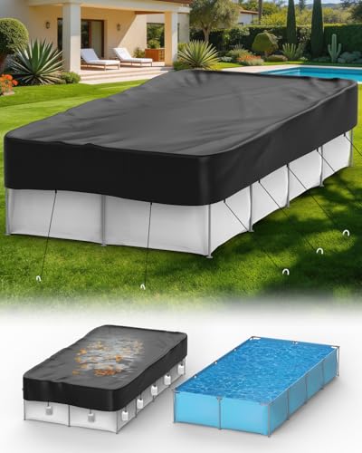 12x24 ft Rectangular Pool Covers for Above Ground Pools Thicker Solar Pool Cover Protector - Heavy Duty Tear Resistant Fabric with Ropes and Ground Nails Waterproof Dustproof Windproof (Black)