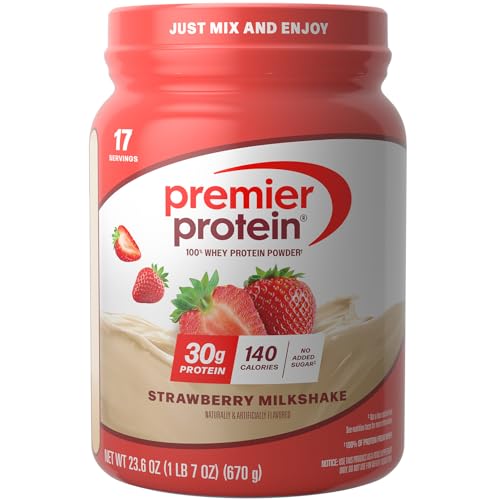 Premier Protein Powder, Strawberry Milkshake, 30g Protein, No Added Sugar, 100% Whey Protein, Keto Friendly, Soy & Gluten Free, 24.5 oz (17 Servings)