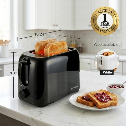 Image of OVENTE Electric 2 Slice Toaster Machine with 6-Shade Browning Selector Setting, Compact Design and Removable Crumb Tray, 700W Power Perfect for Toasting Bread, Thin Bagels and Waffles, Black TP2210B