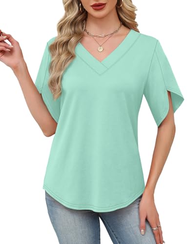 Image of WIHOLL Womens Summer Tops Short Petal Sleeve Shirts Fashion V Neck Womens Clothing