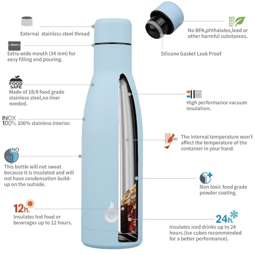 Image of BJPKPK Insulated Water Bottle 17oz Stainless Steel Water Bottles Dishwasher Safe Metal Thermal Keep Cold and Hot,Sky Blue