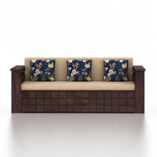 Image of Ganpati Arts Solid Sheesham Wood Diamond 3 Seater Sofa Cum Bed with Storage and Side Pockets for Living Room Wooden Furniture Sofa Bed for Home - Walnut Finish 1 Year Warranty, Beige, 3-Person Sofa