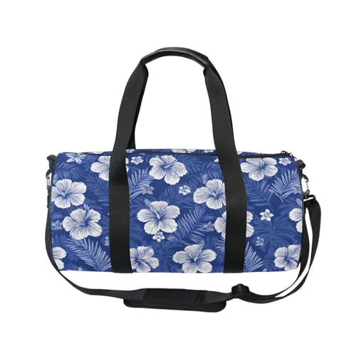 Hawaiian Blue Flowers Sports Duffel Bag Full Print Polyester Barrel Gym Bag with Side Zipper Pocket, Detachable Shoulder Strap for Gym Sports Fitness and Short-Term Travel Use2