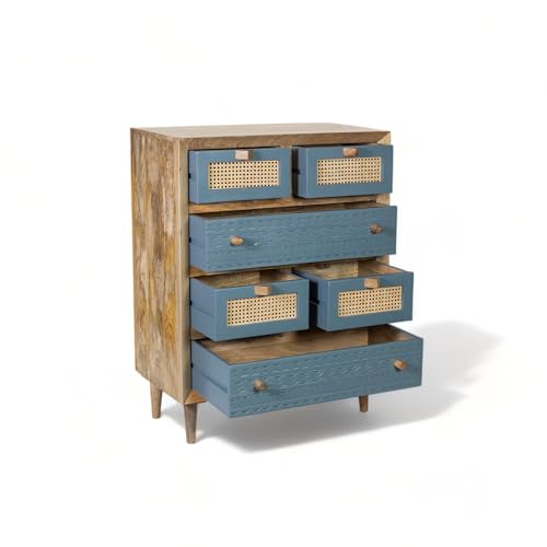 Image of Solid Wood Luffy Chest of Drawer | Dresser with 6 Drawers | Wooden Chest of Darwers | Chest of Drawers with Cane /Rattan | Finish- Grey and Natural