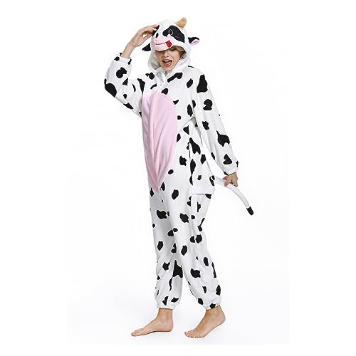 OLAOLA Combinaison Pyjama Femme Homme Animaux Costume Unisexe Adulte Onesie Halloween Cosplay Deguisement Kigurumi Pajamas Fête Vêtements de Nuit (M, Vache...