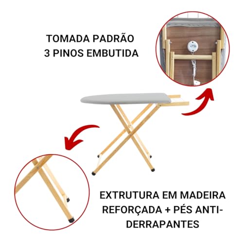 Tabua De Passar Roupa Mesa Passadeira 100% Madeira C/Porta Ferro e Tomada Dobrável Regulagem de Altu