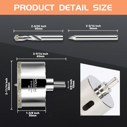 Image of MOLLOM 2-11 /16 inch (68mm) Diamond Hole Saw with 2 Pilot Drill Bit