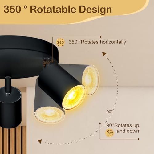 Image of Wiseworld 4 Light Track Lighting Fixtures for Ceiling LED Black Spot Lights Indoor Round Chassis GU10 Base Lamp Rotatable Modern Ceiling Spotlight for Bedroom Kitchen Hallway (Bulb Not Included)