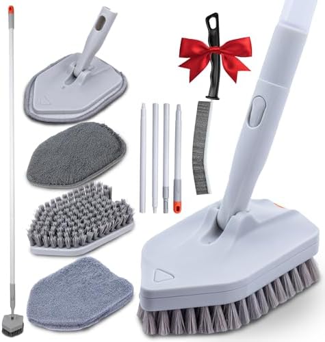 DSV Standard Shower Scrubber with Long Handle, 3-in-1 Cleaning Brush with Long Handle with 3 Detachable Replacement Brush Heads, 56’’Adjustable Long Handled Scrub Brush for Shower, Bathroom, Wall