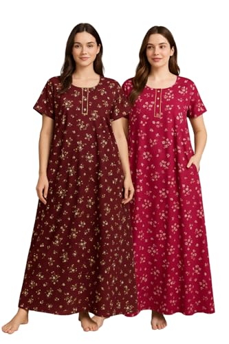 Image of Bahumaan Pure Cotton Nighty for Woman | Floral Gown for Women Nightwear with Pocket | Cotton Nighty for Women Stylish | Maxi for Women Cotton