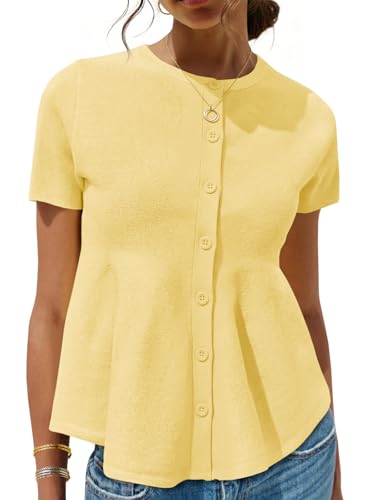 Image of Saodimallsu Womens Short Sleeve Cardigans Ruffle Button Down Crew Neck Peplum Babydoll Knit Sweater Tops