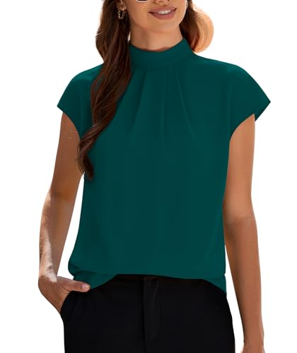 Image of Funlingo Womens Summer Tops Mock Neck Short Cap Sleeve Blouses Business Casual Work Chiffon Shirts Front Pleated Tunic Top