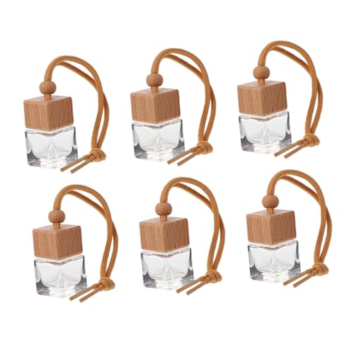 ARTSEWPLY 6個 車吊り下げ芳香剤ボトル ガラス製詰め替え可能 車用アロマディフューザー ブナ木蓋付き カー吊り下げ装飾 車内芳香とインテリ