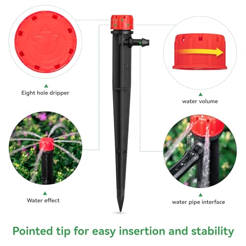 La Farah 100pcs Drip Irrigation Emitters for 1/4" Drip Irrigation Tubing,Adjustable 360 Degree Water Flow Drippers on 5" Arrow Stake, Garden Irrigation Drippers for (4-7mm) Watering System Kit