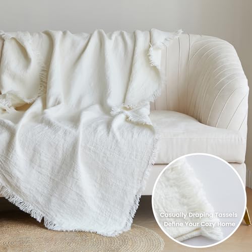 Simple&Opulence 100% Linen Throw Blanket 55x75 inches, Farmhouse Boho Tassel Blanket for Couch, Bed, Sofa, Breathable Natural Cozy Décor, White ﻿ by Simple&Opulence - Used condition - Image 3