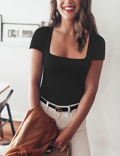 Chunpin Women's Sexy Square Neck Short Sleeve Bodysuit Tops Double Lined Slim Fitted Thong Body suit2