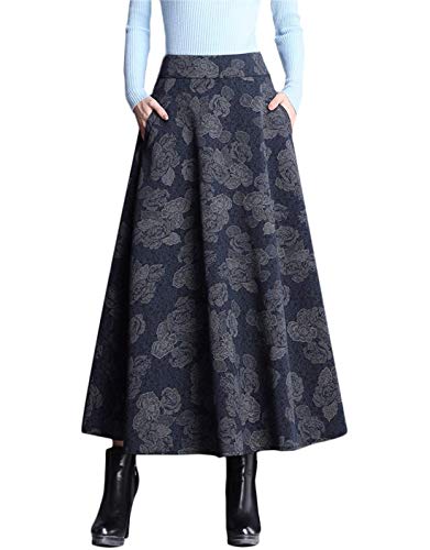 CHARTOU Womens Winter Warm Wool Blend Stretchy Waist A-Line Maxi Skirt (Blue Flower, Small)