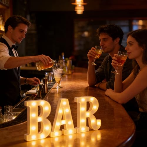 SUQ LED Marquee Letters Lights, BAR Signs, Letter Lamp, Illuminated Bar Sign, Battery Powered, Letters Night Light, Light Up Letters Decoration, Industrial Style, for BAR Pub Home Party Wedding Wall